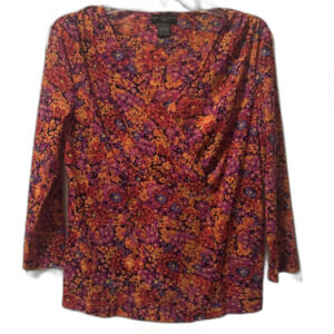 Madison Studio 1X Woman Top 3/4 Sleeve Wrap Style Multi Color Nylon Preowned